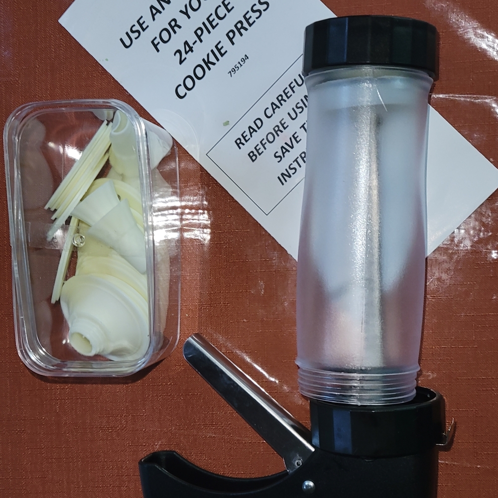 Clear Cookie Press with Black Handle and Accessories